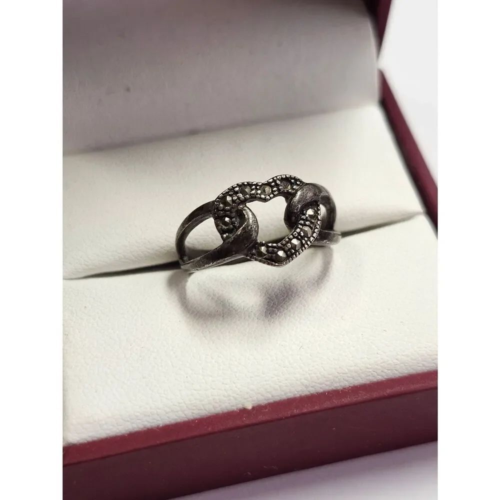 925 Sterling Silver Vintage Marcasite Open Love Heart Link Band Ring Sz 9